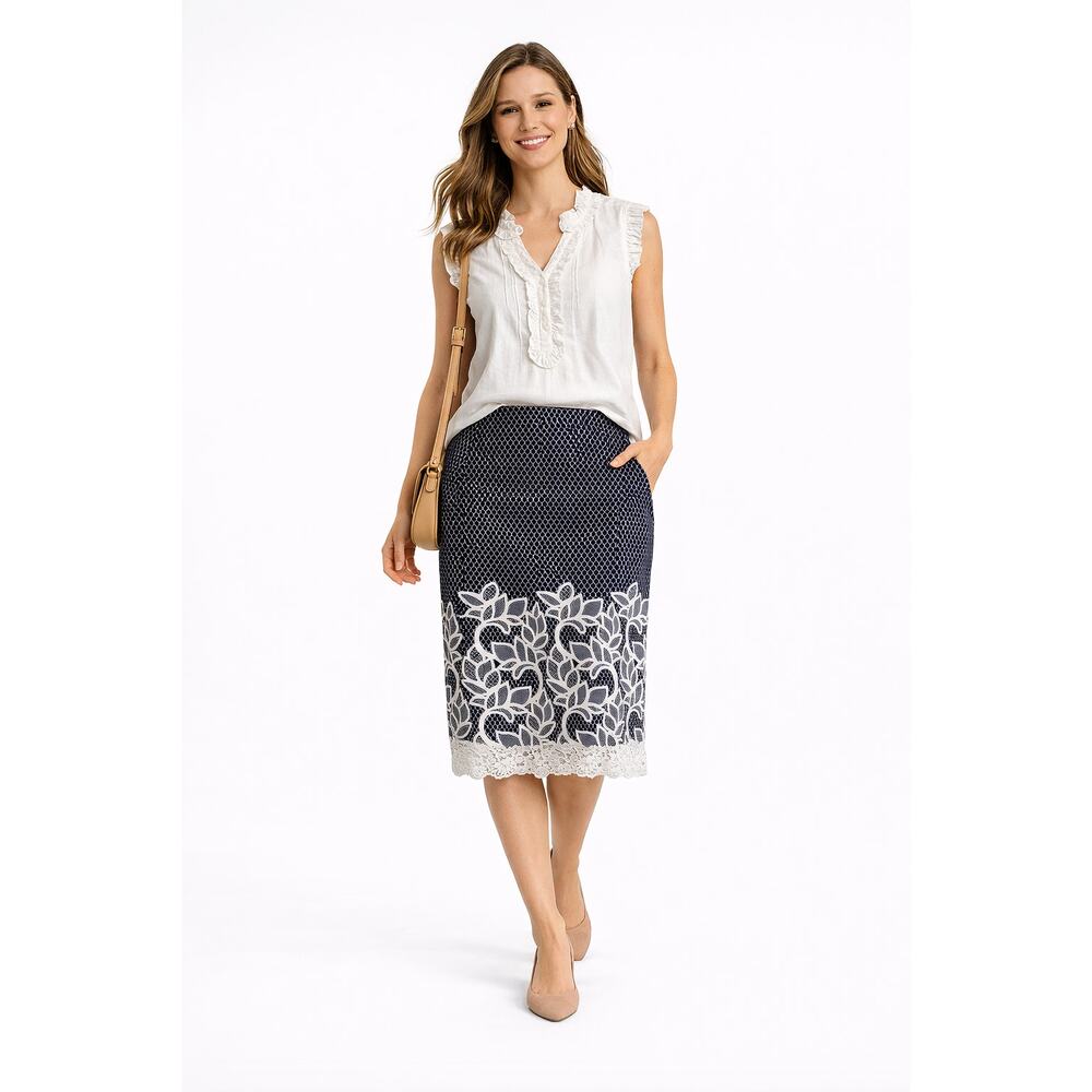 NYCC Pencil Skirt M Navy White Print Kim Rogers Blouse L Cotton